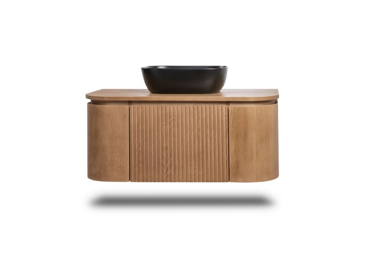 Meuble de salle de bain, plusieurs dimensions, en bois massif de frêne avec plan de toilette en bois Evo Curve Bruntec détail 2
