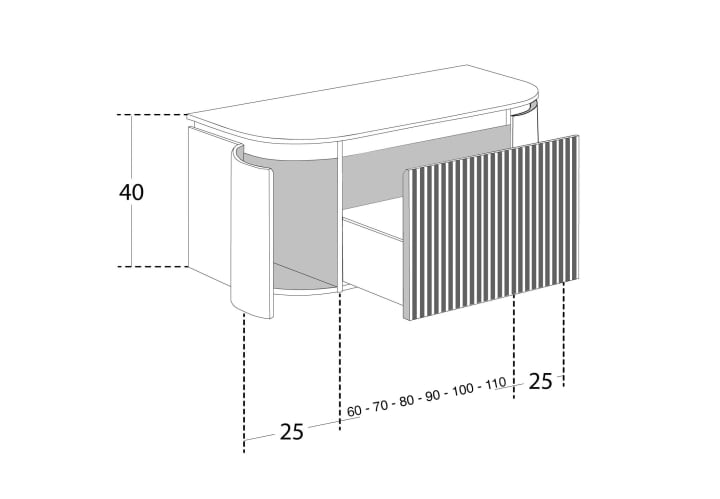Meuble de salle de bain, plusieurs dimensions, en bois massif de frêne avec plan de toilette en bois Evo Curve Bruntec croquis 7