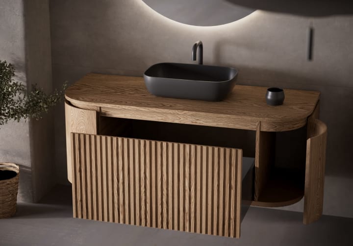 Meuble de salle de bain, plusieurs dimensions, en bois massif de frêne avec plan de toilette en bois Evo Curve Bruntec détail 5