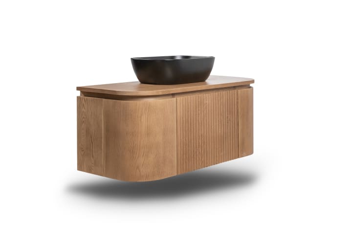 Meuble de salle de bain, plusieurs dimensions, en bois massif de frêne avec plan de toilette en bois Evo Curve Bruntec principal 1