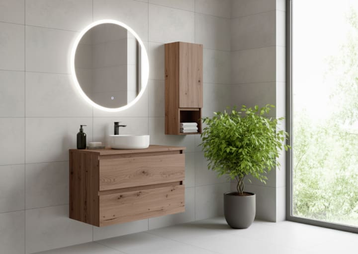 Meuble de salle de bains en bois laminé avec plan de toilette en bois Vilma Bruntec principal 2